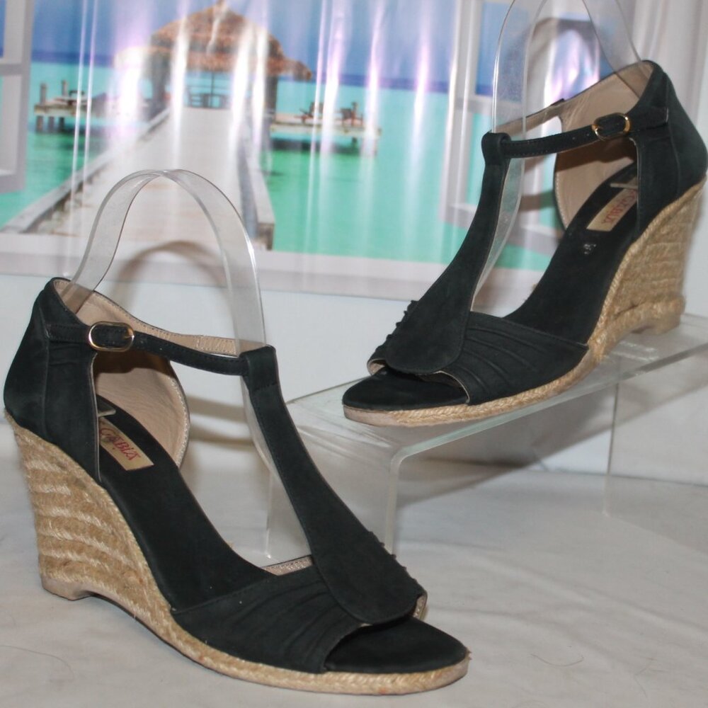 Pare Gabia France Suede T-Strap Wedge Espadrille Sandals Shoes